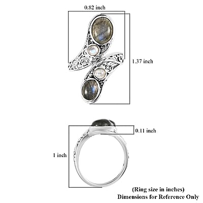 Artisan Crafted AAA Malagasy Labradorite, Kuisa Rainbow Moonstone Bypass Ring in Sterling Silver (Size 10.0) 5.15 ctw