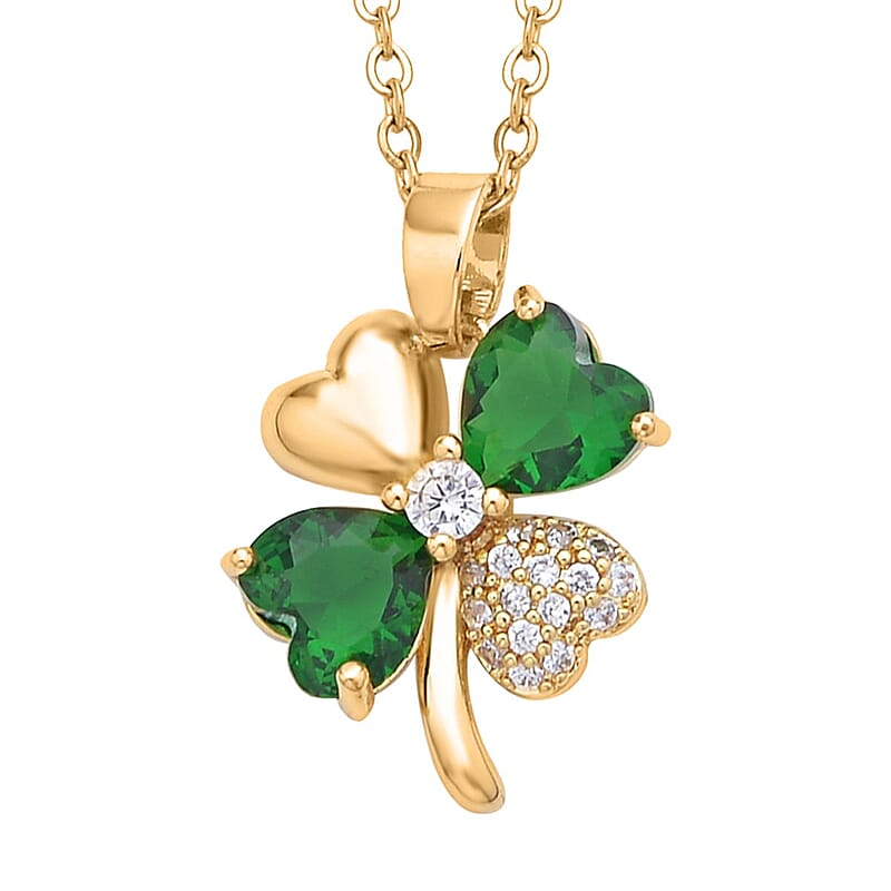 Green Glass and Simulated Diamond Clover Four-petal Flower Necklace 20-22 Inches in Goldtone 0.10 ctw