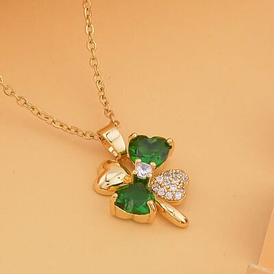 Green Glass and Simulated Diamond Clover Four-petal Flower Necklace 20-22 Inches in Goldtone 0.10 ctw