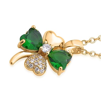 Green Glass and Simulated Diamond Clover Four-petal Flower Necklace 20-22 Inches in Goldtone 0.10 ctw