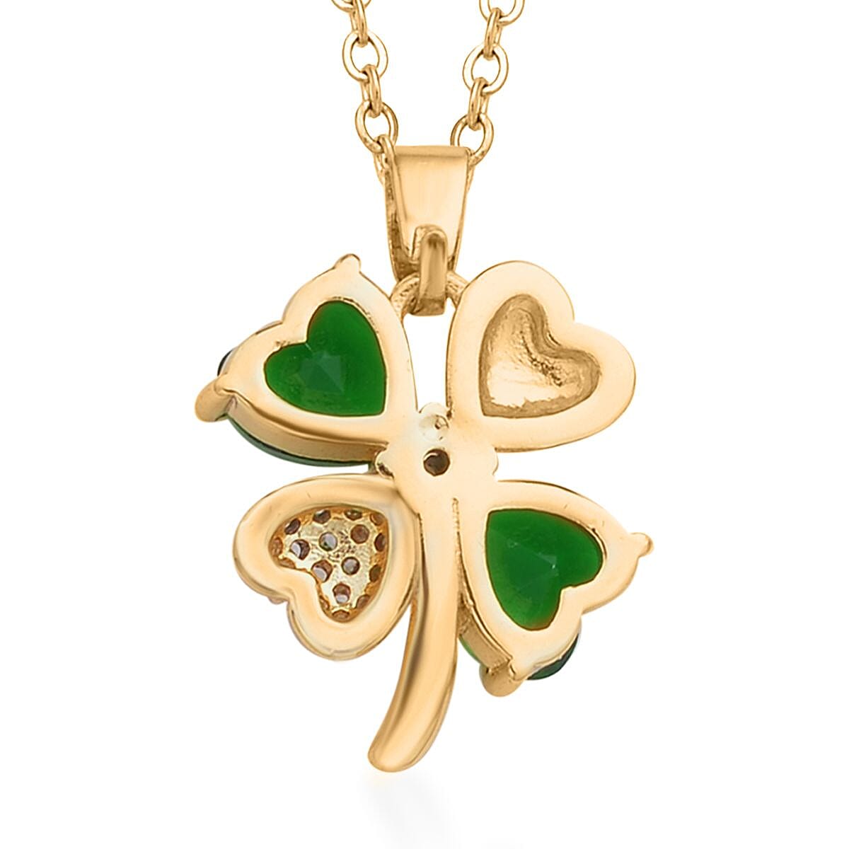 Green Glass and Simulated Diamond Clover Four-petal Flower Necklace 20-22 Inches in Goldtone 0.10 ctw image number 4