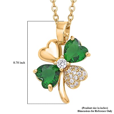 Green Glass and Simulated Diamond Clover Four-petal Flower Necklace 20-22 Inches in Goldtone 0.10 ctw