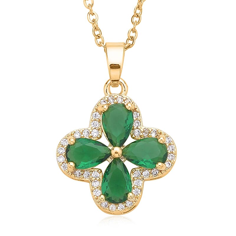 Green Glass and Simulated Diamond Four-petal Flower Necklace 20-22 Inches in Goldtone 0.10 ctw