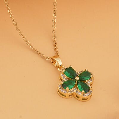 Green Glass and Simulated Diamond Four-petal Flower Necklace 20-22 Inches in Goldtone 0.10 ctw