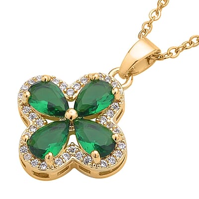 Green Glass and Simulated Diamond Four-petal Flower Necklace 20-22 Inches in Goldtone 0.10 ctw