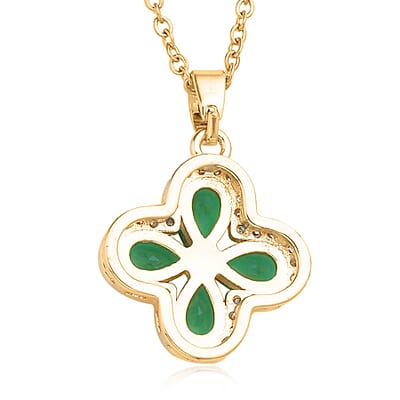 Green Glass and Simulated Diamond Four-petal Flower Necklace 20-22 Inches in Goldtone 0.10 ctw