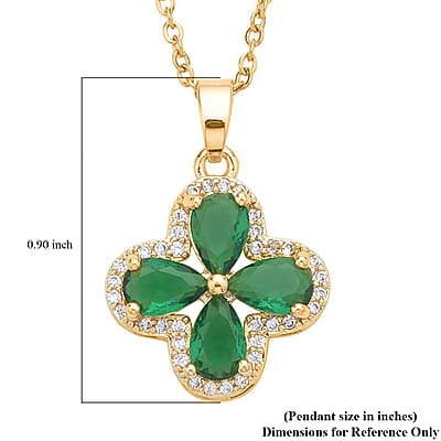 Green Glass and Simulated Diamond Four-petal Flower Necklace 20-22 Inches in Goldtone 0.10 ctw