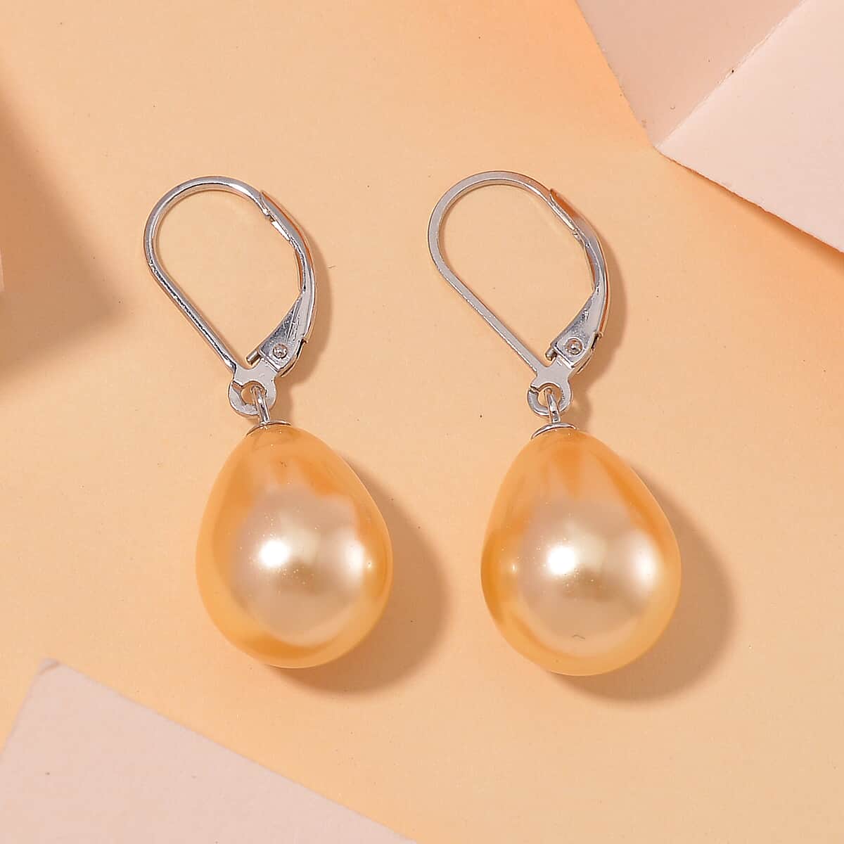 Golden Shell Pearl Drop Earrings in Rhodium Over Sterling Silver image number 1