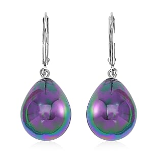 Peacock Color Shell Pearl Drop Earrings in Rhodium Over Sterling Silver