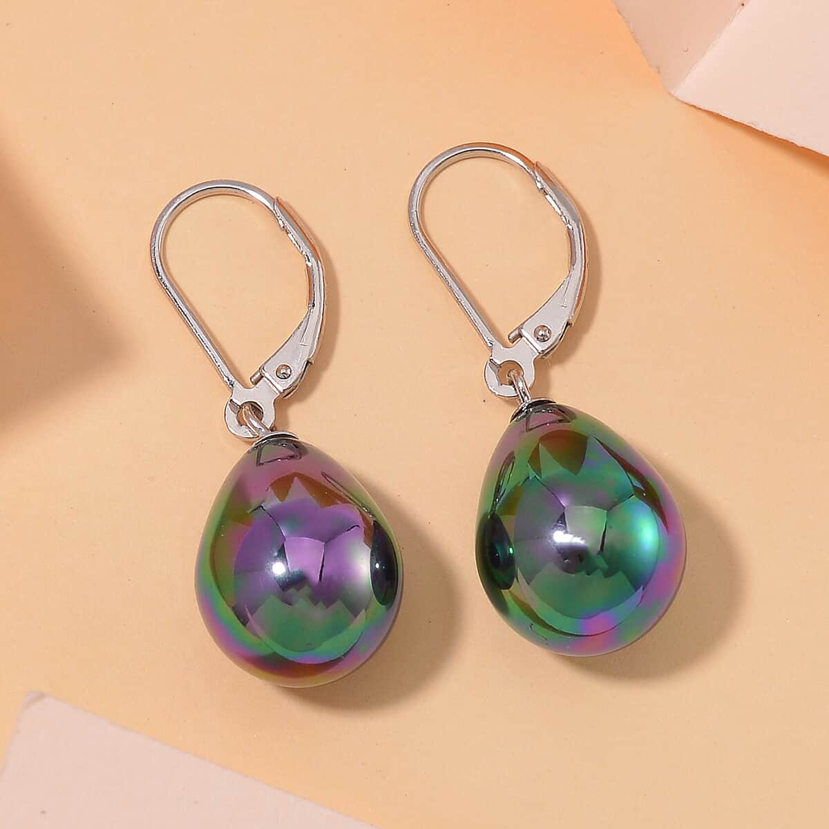 Peacock Color Shell Pearl Drop Earrings in Rhodium Over Sterling Silver image number 1