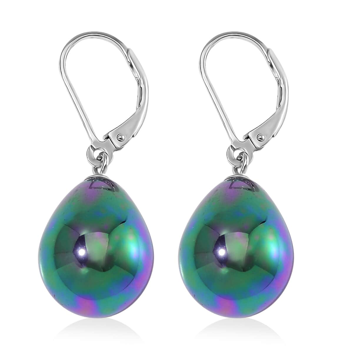 Peacock Color Shell Pearl Drop Earrings in Rhodium Over Sterling Silver image number 3