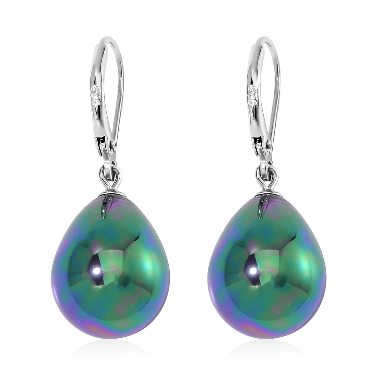 Peacock Color Shell Pearl Drop Earrings in Rhodium Over Sterling Silver image number 4