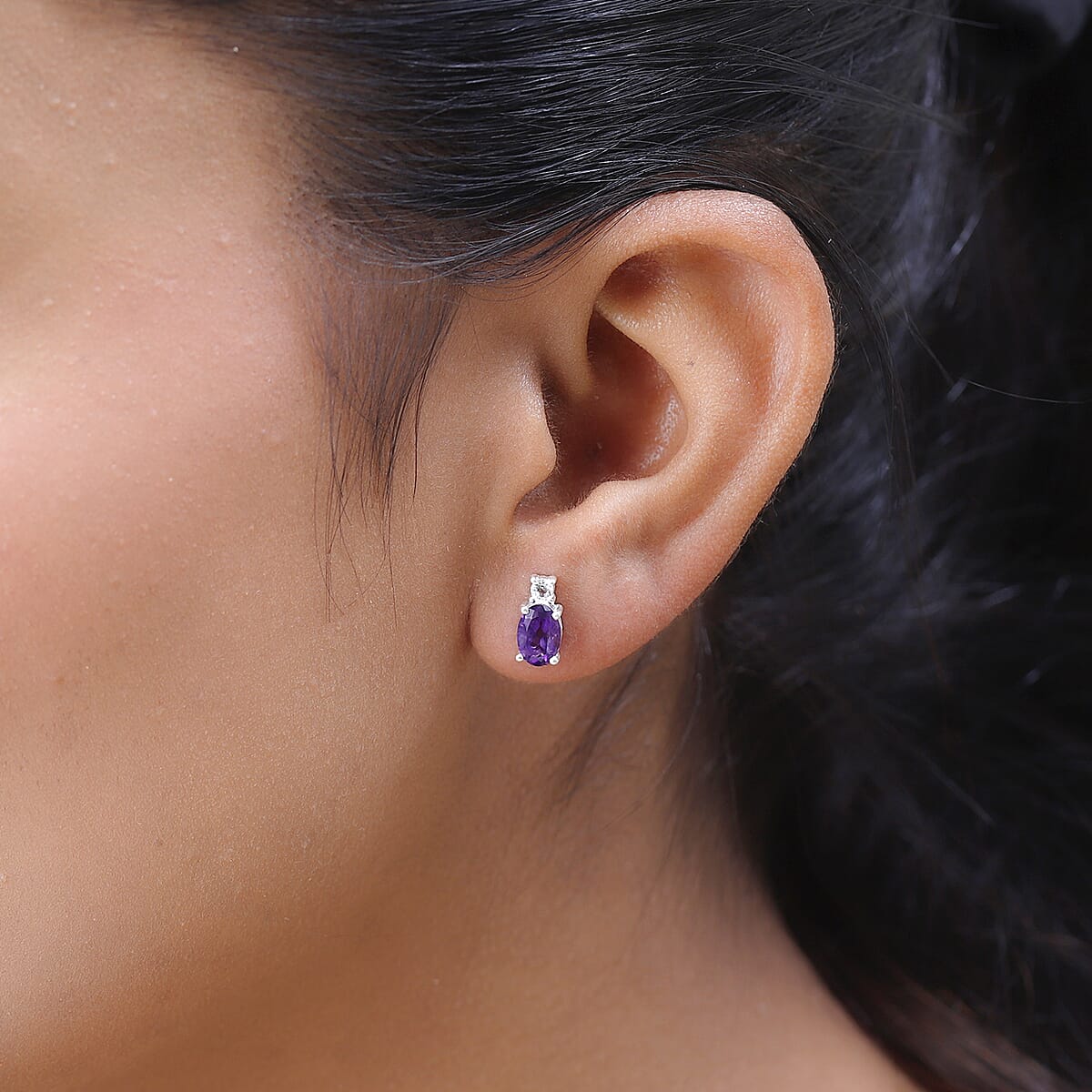 Amethyst and White Topaz Stud Earrings in Sterling Silver and Stainless Steel 1.60 ctw image number 2