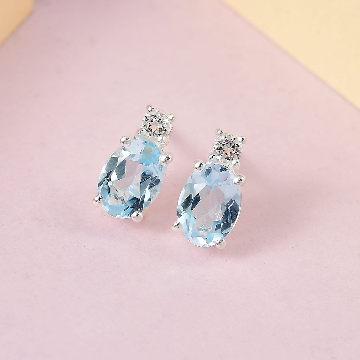 Sky Blue Topaz and White Topaz Stud Earrings in Sterling Silver and Stainless Steel 1.90 ctw image number 1