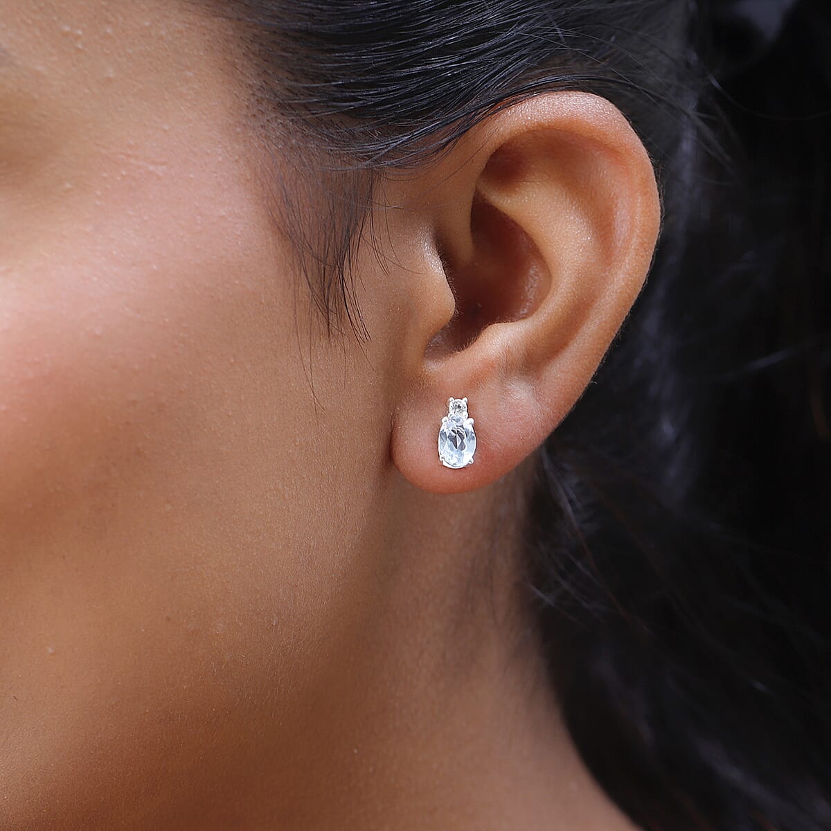 Sky Blue Topaz and White Topaz Stud Earrings in Sterling Silver and Stainless Steel 1.90 ctw image number 2
