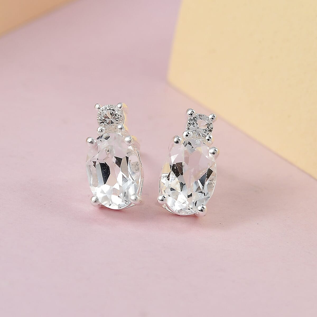 White Topaz Stud Earrings in Sterling Silver and Stainless Steel 1.85 ctw image number 1