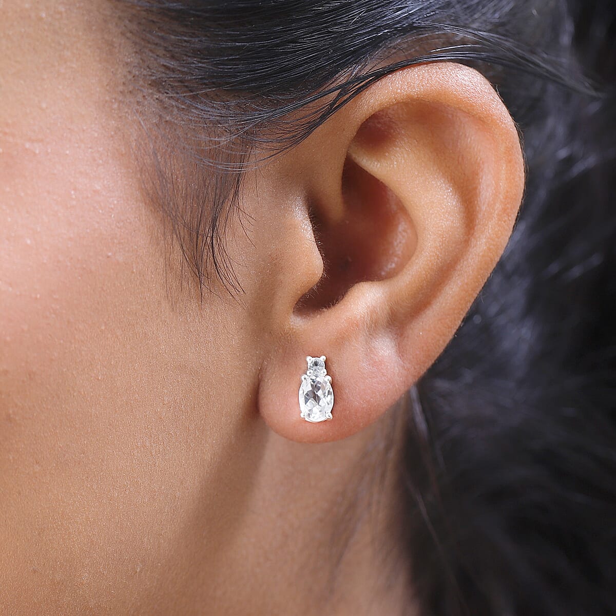 White Topaz Stud Earrings in Sterling Silver and Stainless Steel 1.85 ctw image number 2