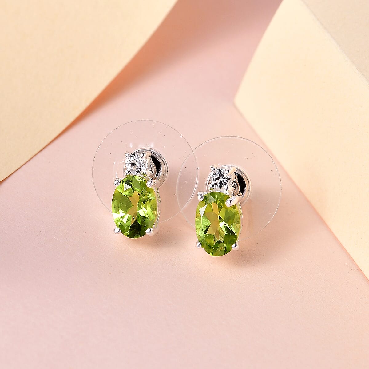 Peridot and White Topaz Stud Earrings in Sterling Silver with Stainless Steel Push 2.00 ctw image number 1