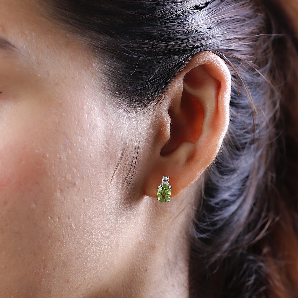 Peridot and White Topaz Stud Earrings in Sterling Silver with Stainless Steel Push 2.00 ctw image number 2