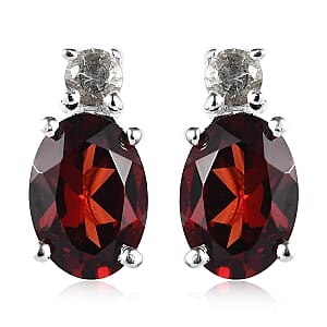 Mozambique Garnet and White Topaz Stud Earrings in Sterling Silver with Stainless Steel Push 1.90 ctw