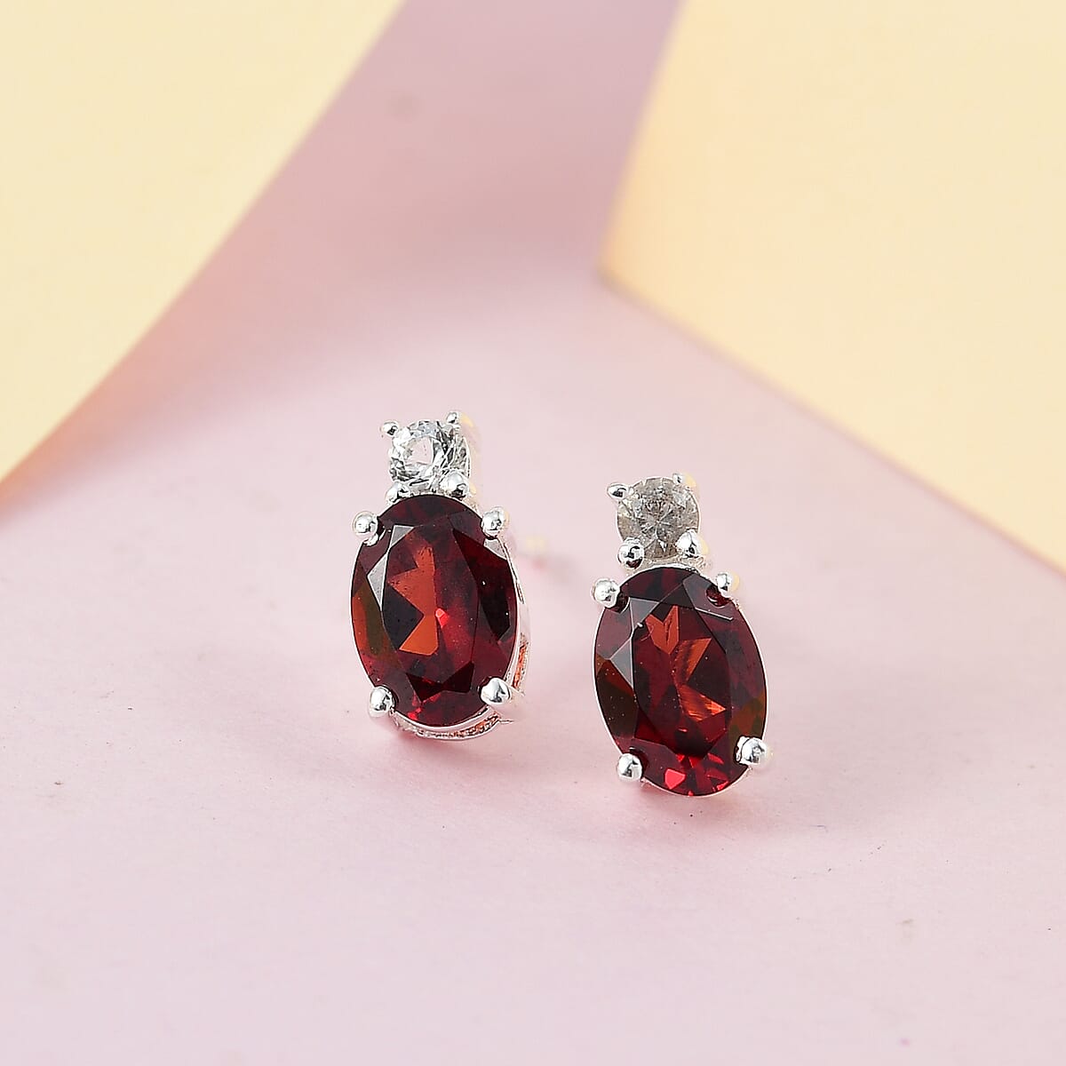 Mozambique Garnet and White Topaz Stud Earrings in Sterling Silver with Stainless Steel Push 1.90 ctw image number 1