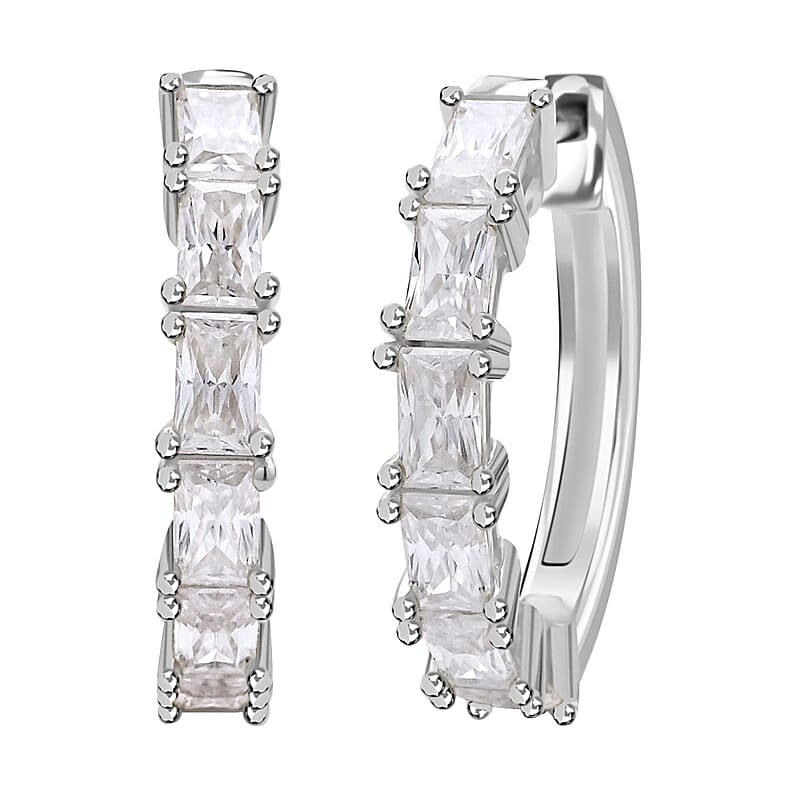 Princess Cut Moissanite Hoop Earrings in Platinum Over Silver 3.50 ctw