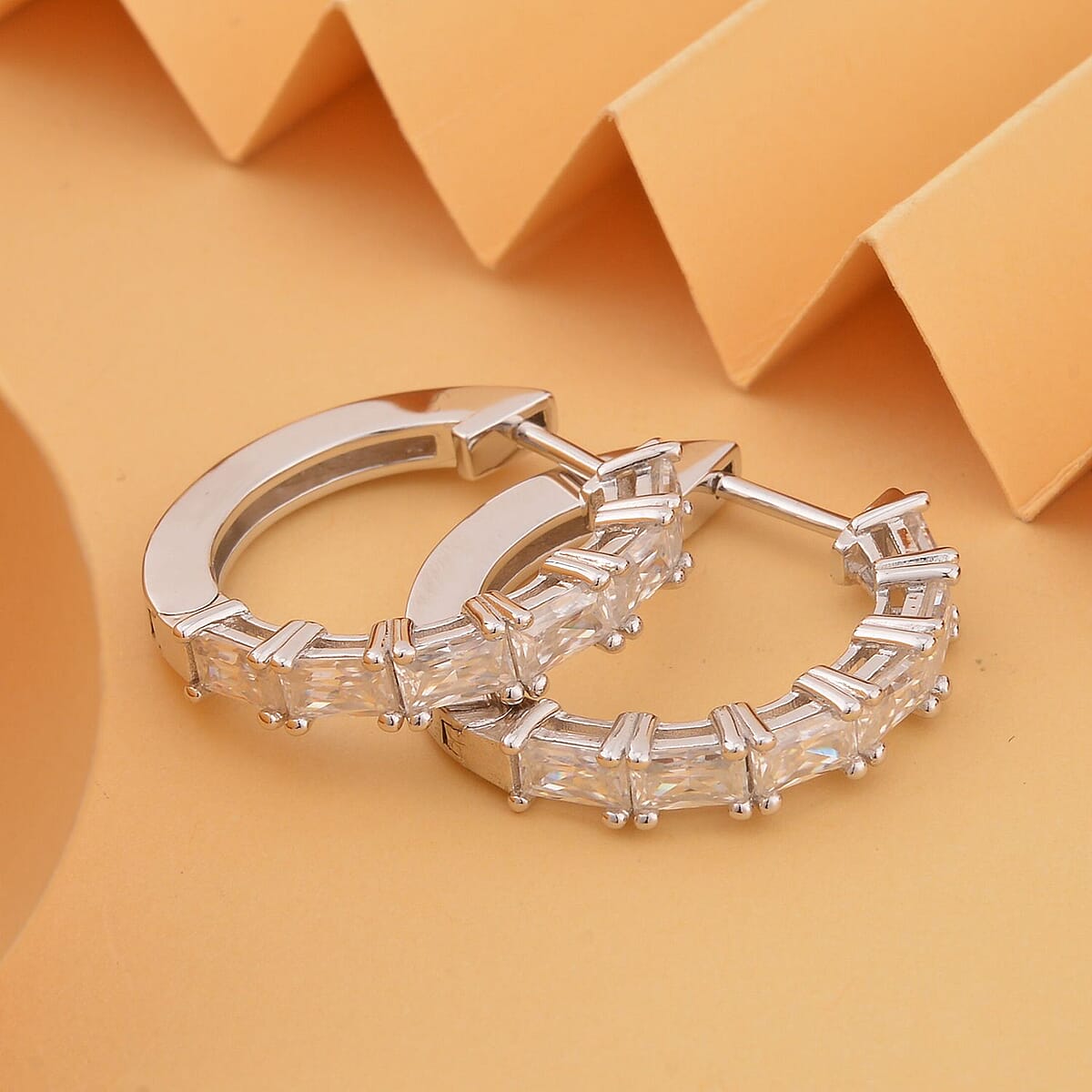 Princess Cut Moissanite (Bgt 5x3mm) Hoop Earrings in Vermeil YG Over Silver (7.30 g) 3.50 ctw image number 1
