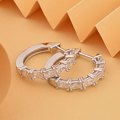 Princess Cut Moissanite Hoop Earrings in Platinum Over Silver 3.50 ctw