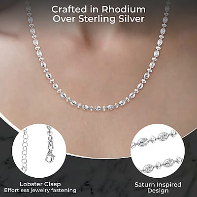 Saturn Chain Necklace, Rhodium Over Sterling Silver Necklace, Silver Saturn Chain, 18-20 Inch Adjustable Chain Necklace 12.5 Grams
