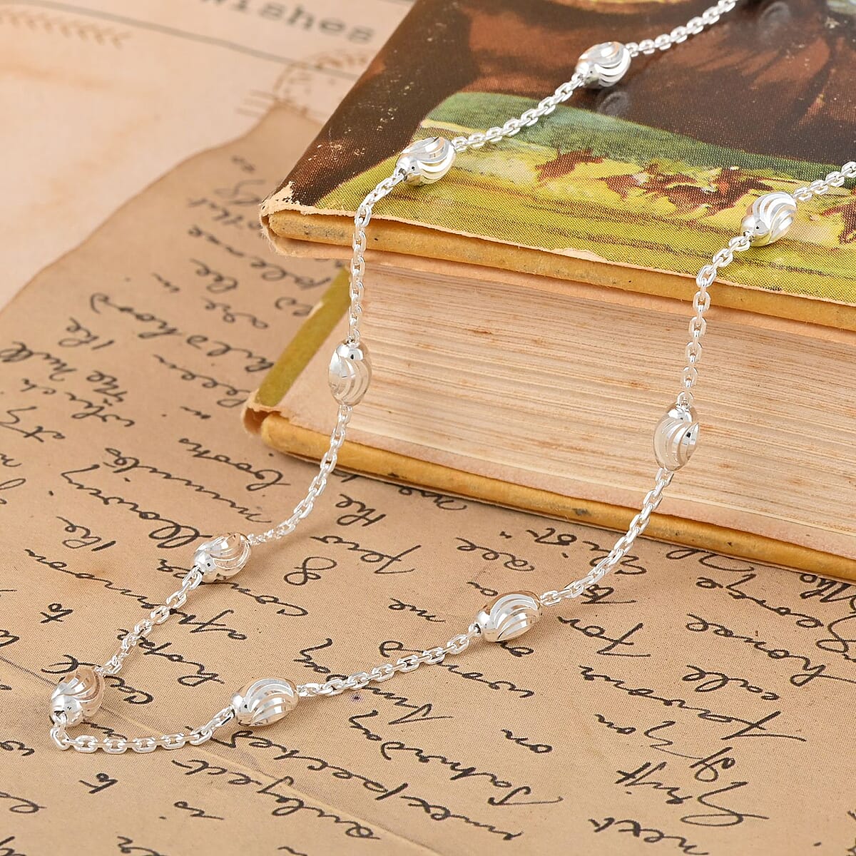 Italian Sterling Silver Station Oval Moon Chain Necklace 18 Inches 4.10 Grams image number 1