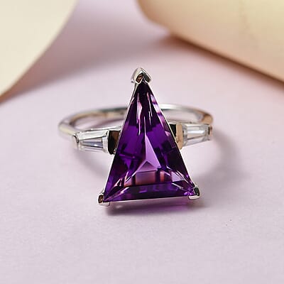 Fancy Cut Amethyst and Moissanite Ring in Platinum Over Sterling Silver (Size 10.0) 6.10 ctw