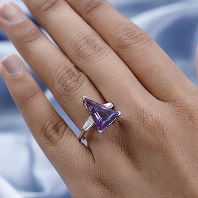 Fancy Cut Amethyst and Moissanite Ring in Platinum Over Sterling Silver (Size 10.0) 6.10 ctw