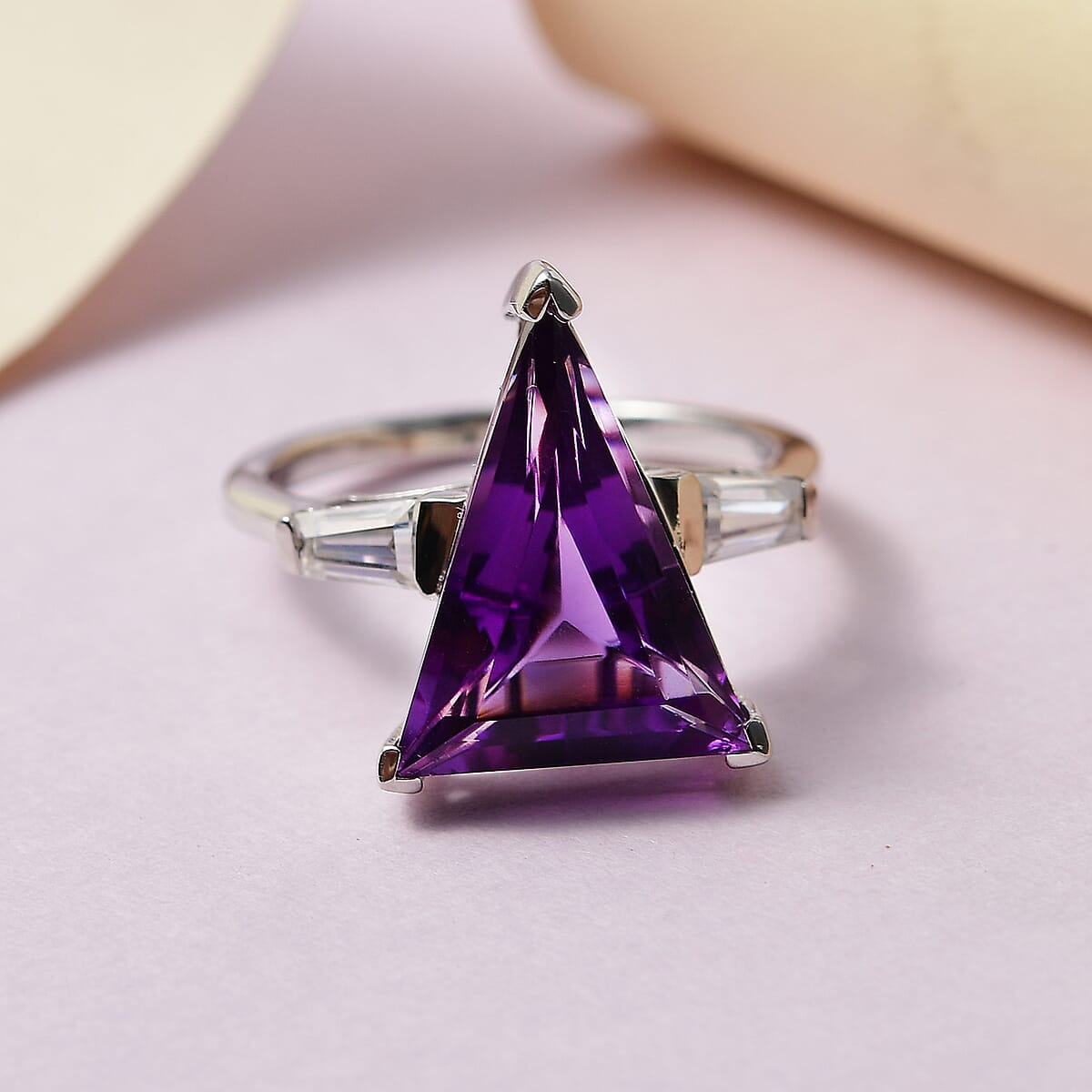 Fancy Cut Amethyst and Moissanite Ring in Platinum Over Sterling Silver (Size 11.0) 6.10 ctw image number 1