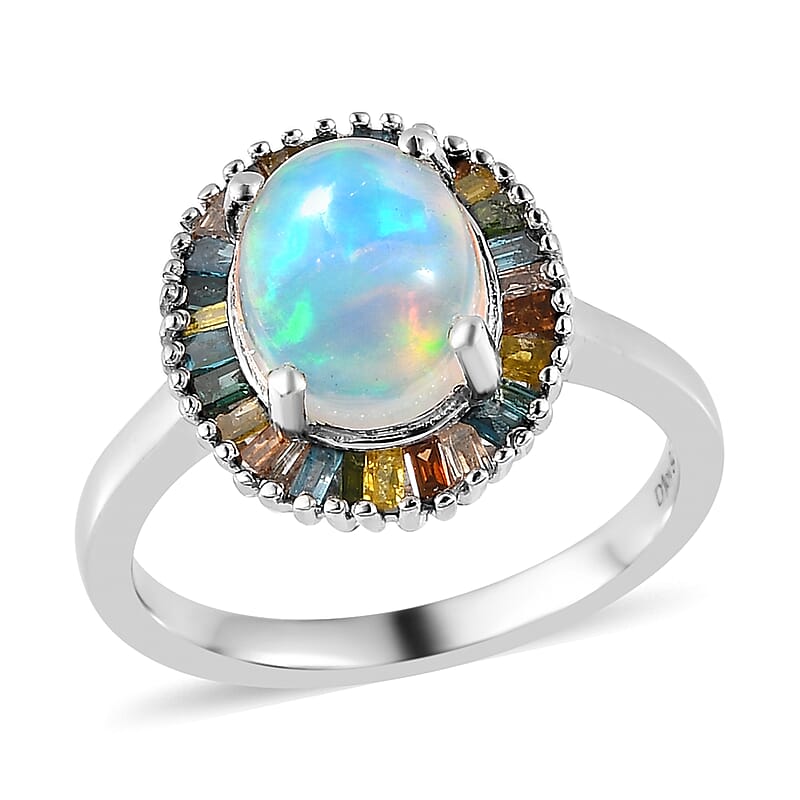Premium Ethiopian Welo Opal and Multi Diamond Halo Ring in Platinum Over Sterling Silver (Size 10.0) 1.65 ctw
