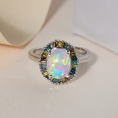 Premium Ethiopian Welo Opal and Multi Diamond Halo Ring in Platinum Over Sterling Silver (Size 10.0) 1.65 ctw