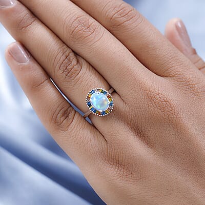 Premium Ethiopian Welo Opal and Multi Diamond Halo Ring in Platinum Over Sterling Silver (Size 10.0) 1.65 ctw