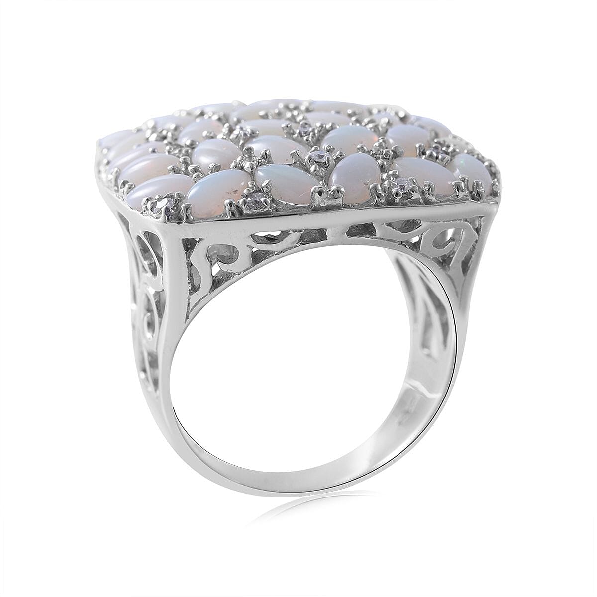 Australian Opal and Moissanite Ring in Platinum Over Sterling Silver (Size 10.0) 4.75 ctw