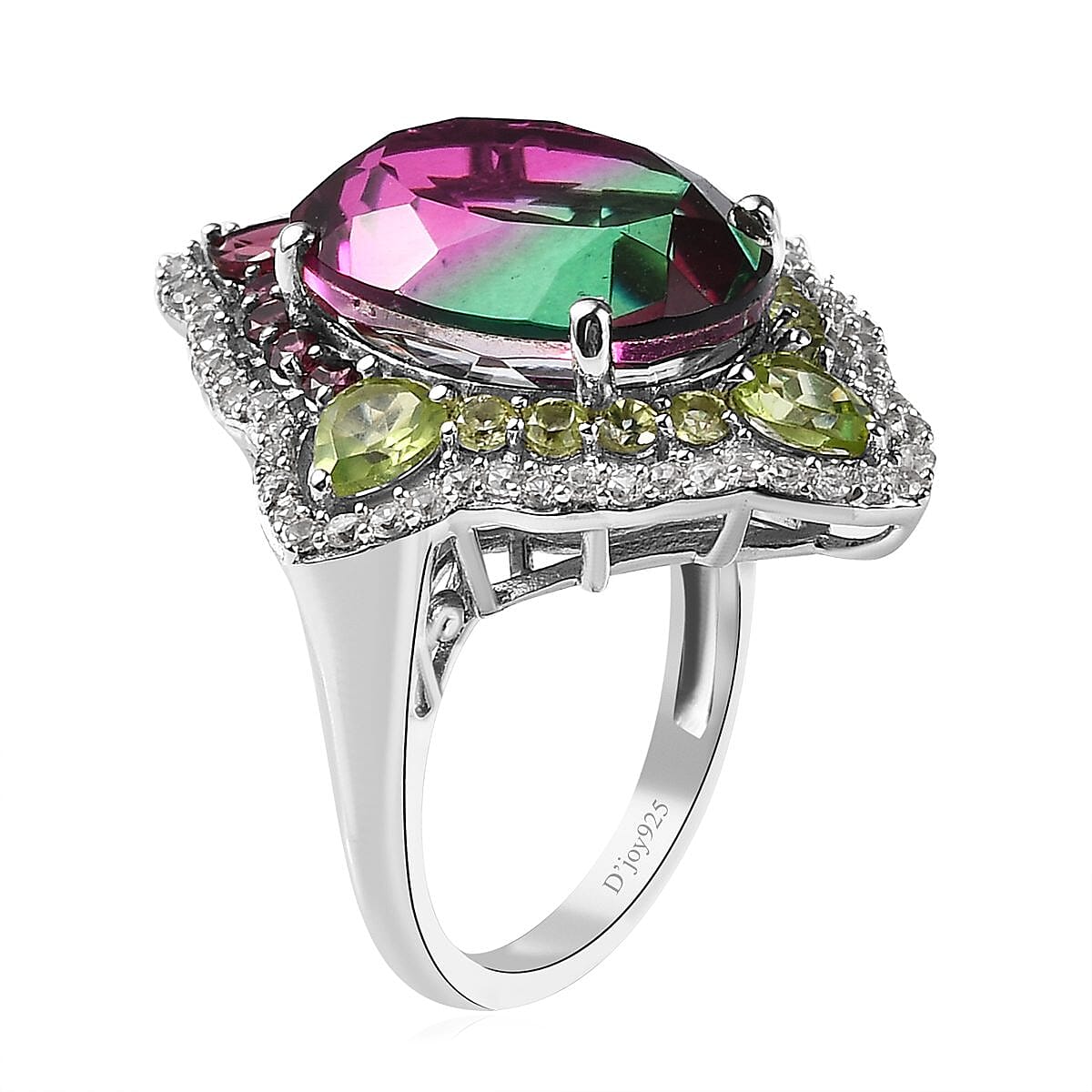 Watermelon Quartz (Triplet) and Multi Gemstone Ring in Platinum Over Sterling Silver (Size 10.0) 12.90 ctw