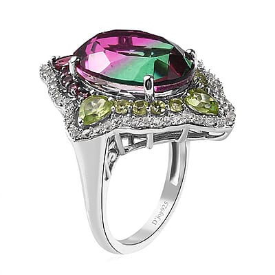 Watermelon Quartz (Triplet) and Multi Gemstone Ring in Platinum Over Sterling Silver (Size 10.0) 12.90 ctw