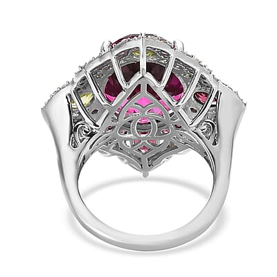 Watermelon Quartz (Triplet) and Multi Gemstone Ring in Platinum Over Sterling Silver (Size 10.0) 12.90 ctw