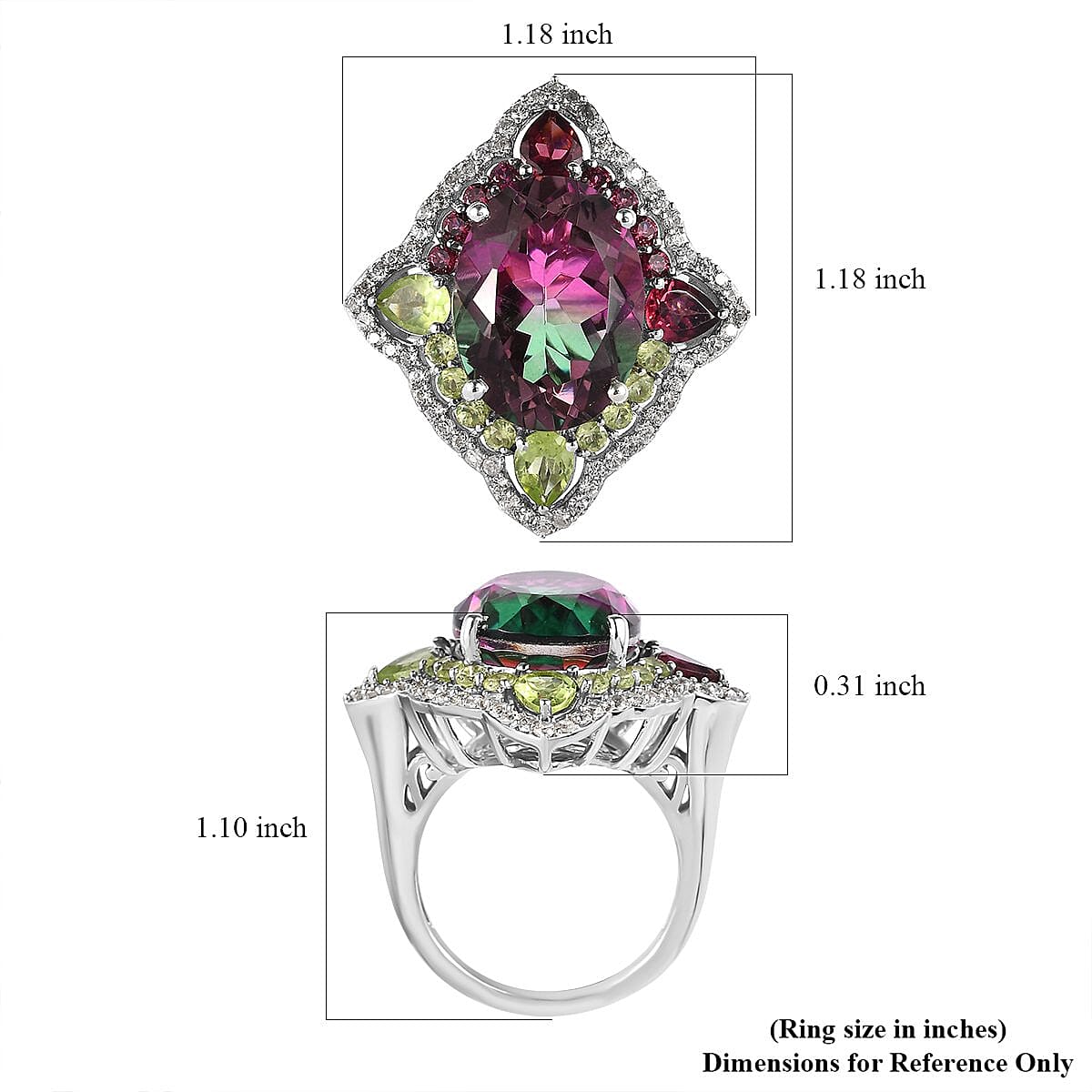 Watermelon Quartz (Triplet) and Multi Gemstone Ring in Platinum Over Sterling Silver (Size 10.0) 12.90 ctw