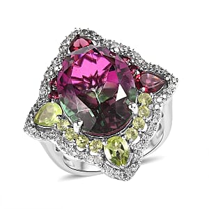 Watermelon Quartz (Triplet) and Multi Gemstone Ring in Platinum Over Sterling Silver (Size 6.0) 12.90 ctw