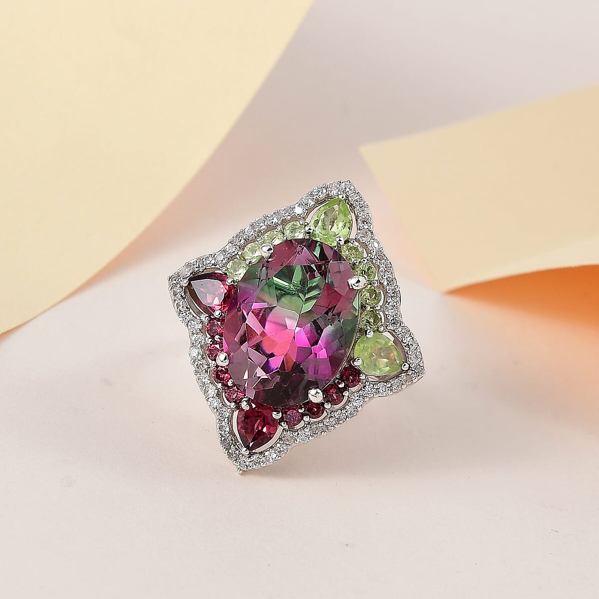 Watermelon Quartz (Triplet) and Multi Gemstone Ring in Platinum Over Sterling Silver (Size 6.0) 12.90 ctw image number 1