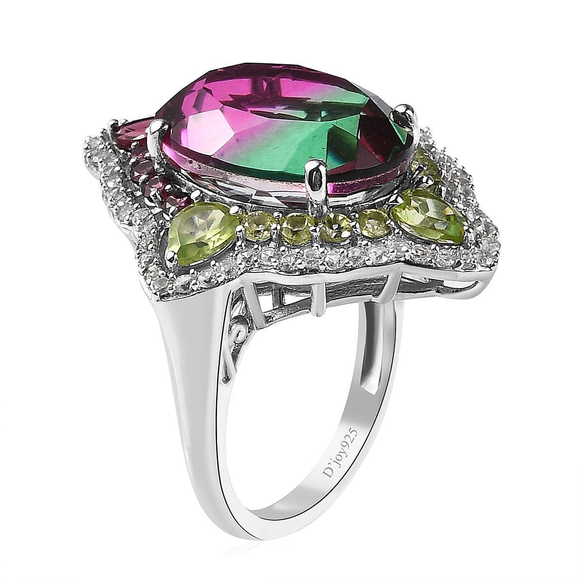 Watermelon Quartz (Triplet) and Multi Gemstone Ring in Platinum Over Sterling Silver (Size 6.0) 12.90 ctw image number 3