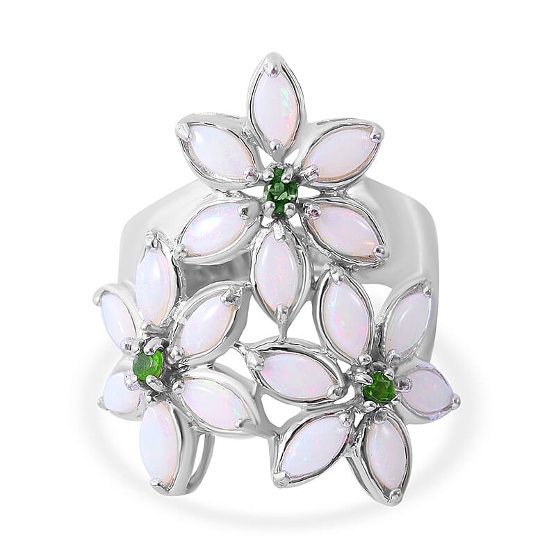 Australian Opal and Chrome Diopside Floral Ring in Platinum Over Sterling Silver (Size 10.0) 1.50 ctw