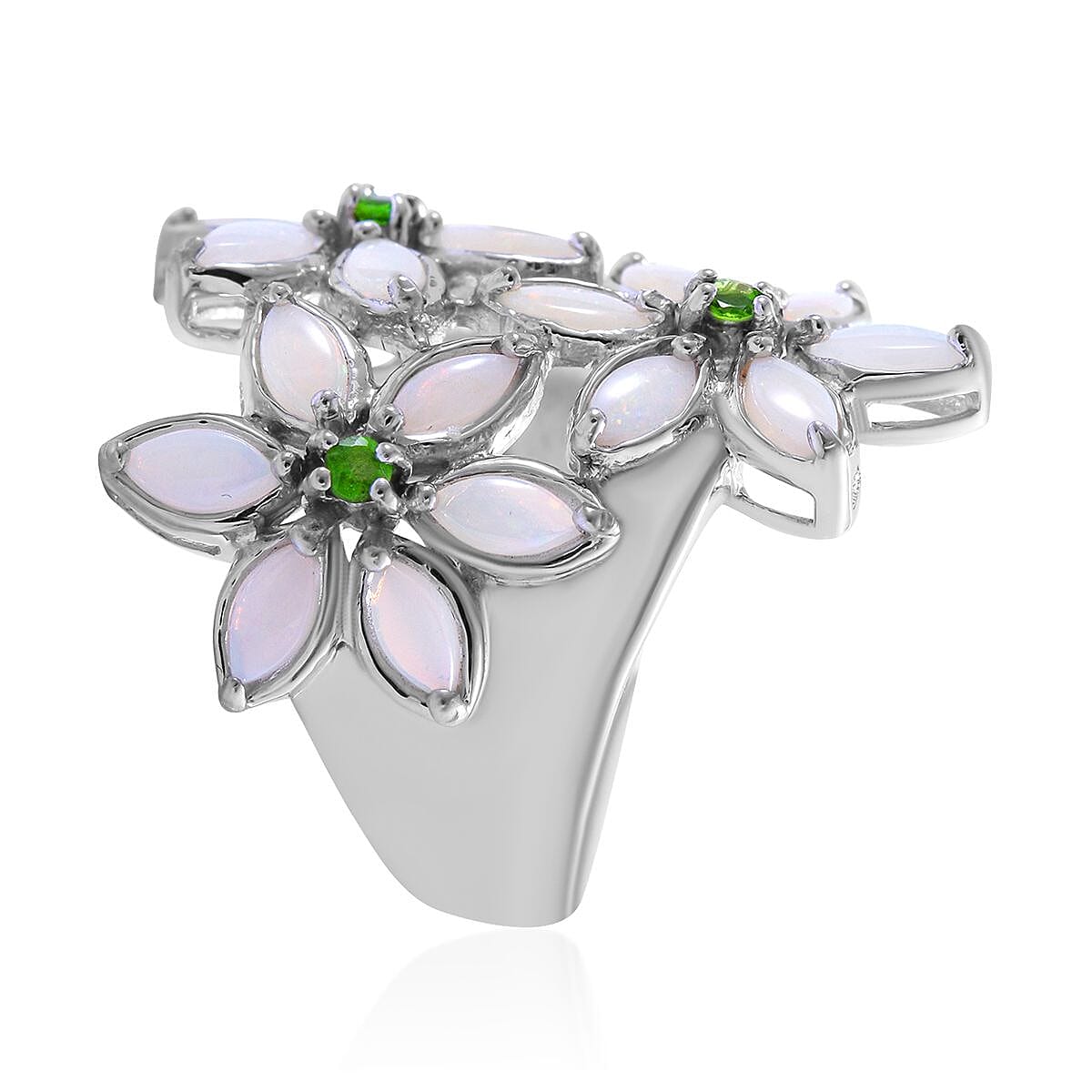 Australian White Opal and Natural Chrome Diopside Floral Ring in Platinum Over Sterling Silver 1.50 ctw image number 2