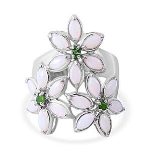 Australian Opal and Chrome Diopside Floral Ring in Platinum Over Sterling Silver (Size 8.0) 1.50 ctw