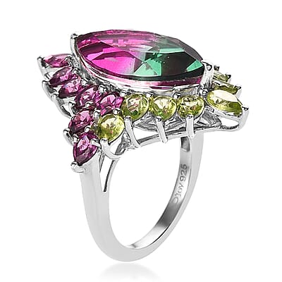 Watermelon Quartz (Triplet) and Multi Gemstone Floral Ring in Platinum Over Sterling Silver (Size 10.0) 10.70 ctw