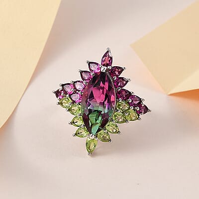 Watermelon Quartz (Triplet) and Multi Gemstone Floral Ring in Platinum Over Sterling Silver (Size 7.0) 10.70 ctw