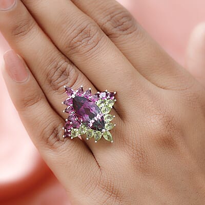 Watermelon Quartz (Triplet) and Multi Gemstone Floral Ring in Platinum Over Sterling Silver (Size 7.0) 10.70 ctw